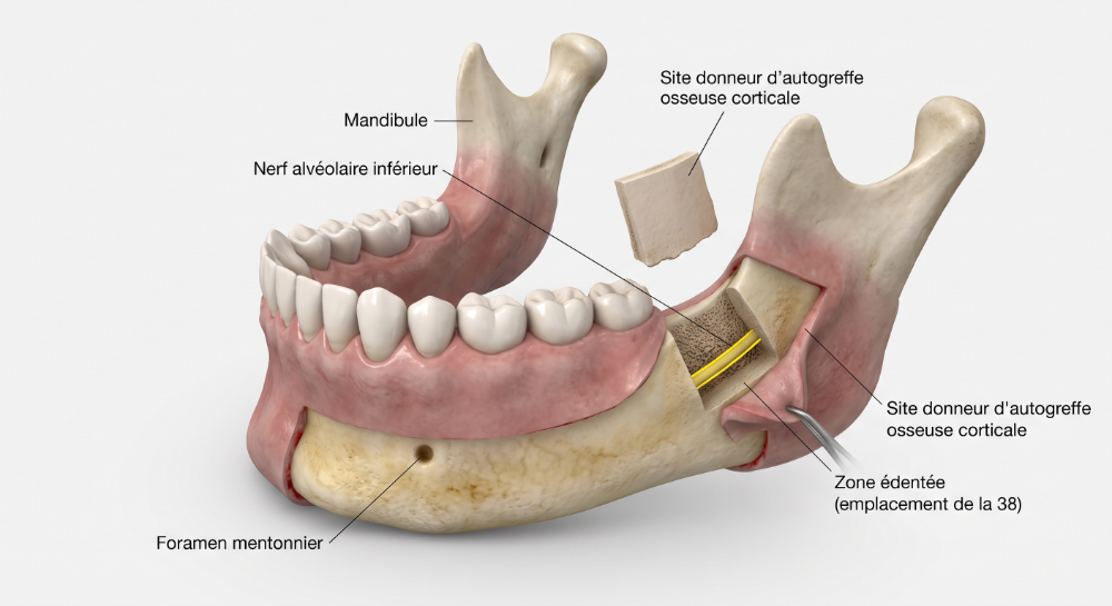 Diagram of a cortical bone autograft harvest site at the mandible, showing the donor block, the inferior alveolar nerve, and the mental foramen